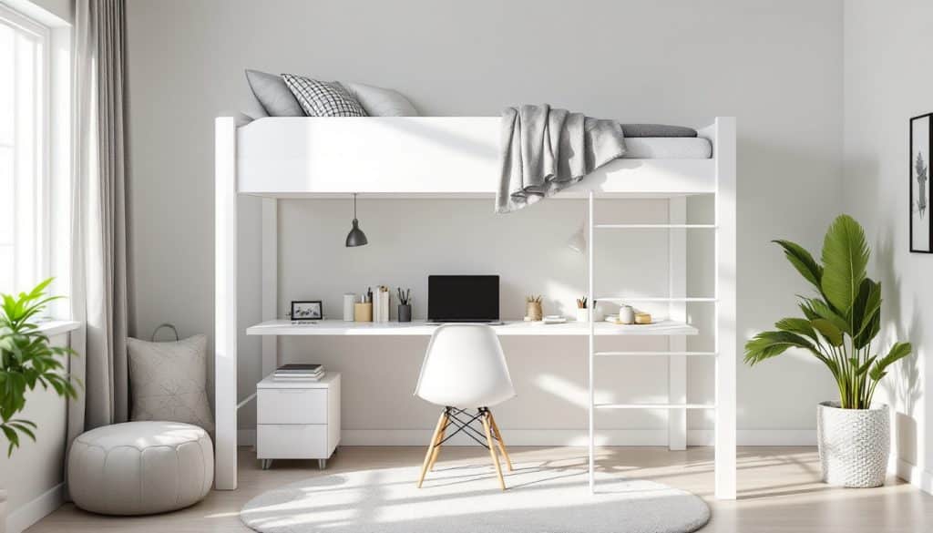 découvrez notre lit mezzanine blanc avec bureau intégré, une solution idéale pour optimiser l'espace et allier confort et fonctionnalité dans votre chambre.